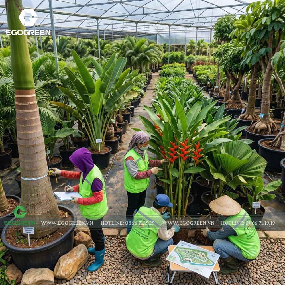 Đội ngũ EGOGREEN khảo sát và lựa chọn cây xanh cho dự án resort.